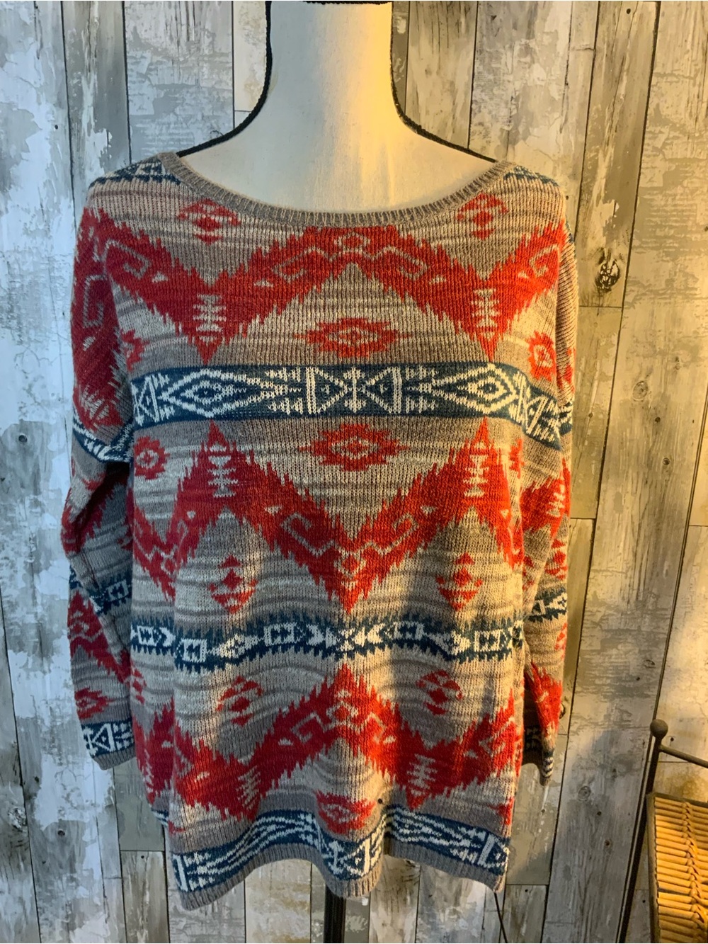 Denim & Supply Ralph Lauren Red and Blue Patterned Crewneck Sweater